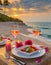 Generated imageSummer love. Romantic sunset dinner on the beach. Table honeymoon set for two with luxurious food