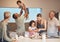 Generation family, cooking play together in family home kitchen for happiness, bonding and diversity. Mother, father and