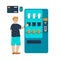 Generation Z young boy using vending machine with drinks and snacks. Self help guy in self service store. Smartwatch contactless