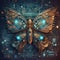 Generative AI: Abstract fantasy colorful mechanical butterfly blue background