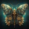 Generative AI: Abstract fantasy colorful mechanical butterfly blue background