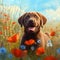 Generative AI. Abstract illustration. A brown labrador puppy in a field with poppies. Funny smiling pet