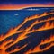 Generative AI, Abstract painting of erupting volcano and flowing lava by the sea
