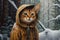 Generative AI, abyssinian cat adventurer in winter forets.