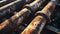 Generative AI An aerial close-up of the rusting pipes of an old abandoned factory on a sunny day. business concept