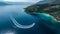 Generative AI Aerial photography of a boat creating circle with wake in the Ionan sea close to Ithaca island in Gr