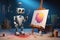 Generative AI art technology concept, robot painting picture in studio. comeliness