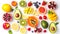 Generative AI Assortment of different fruits and berries, flat lay, top view, apple, strawberry, pomegranate, mang