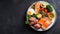 Generative AI Assortment of various healthy keto paleo meals on white plate. Black stone background. Top view. Iso