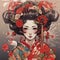 Generative ai. Attractive geisha in black kimono with flowers.