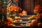 Generative AI Autumn decorations with pumpkins and flowers on the steps in front of the house. Happy Halloween. An idea