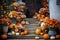 Generative AI Autumn decorations with pumpkins and flowers on the steps in front of the house. Happy Halloween. An idea