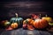 Generative ai. Autumn decorative pumpkins with fall leaves on wooden background. Thanksgiving or halloween.