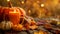 Generative AI Autumn Thanksgiving composition Background with copy space Flat lay Candle pumpkins autumn leaves ho