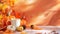 Generative AI Autumn Thanksgiving composition Background with copy space Flat lay Candle pumpkins autumn leaves ho