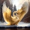 Generative AI:beautiful golden swan in a lake with snow and castle