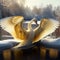 Generative AI:beautiful golden swan in a lake with snow and castle
