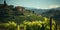 Generative AI, beautiful Italian vineyard, green landscape. Rows of vines
