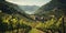 Generative AI, beautiful Italian vineyard, green landscape. Rows of vines