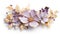 Generative AI, beautiful light violet, lavender color flowers brooch, opal stone and golden color palette