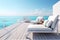 Generative AI of a beautiful terrace with sea view and white sofa