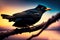 Generative AI: Black raven in moonlight perched on tree