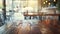 Generative AI blurred cafe with empty wooden table for your product or montage business concept.