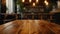 Generative AI blurred cafe with empty wooden table for your product or montage business concept.