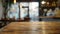 Generative AI blurred cafe with empty wooden table for your product or montage business concept.