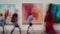 Generative AI Blurred motion of people passing through the paintings on the wall in art gallery business concept.