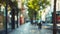 Generative AI Blurred view of London street with shops trees and buildings Can be used as background business conc