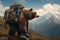Generative AI. Brown bear traveler with a backpack went to the snowy mountains and woods. Natural style. A dangerous