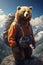 Generative AI. Brown bear traveler with a backpack went to the snowy mountains and woods. Sketch style. A dangerous