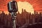Generative AI cartoon illustration of a retro podcast microphone with advertising space on a cityscape background