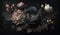 Generative AI, Close up of blooming flowerbeds of amazing black flowers on dark gothic moody