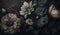 Generative AI, Close up of blooming flowerbeds of amazing black flowers on dark gothic moody