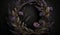 Generative AI, Close up of blooming flowerbeds of amazing lavender purple flowers wreath on dark moody floral