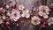 Generative AI, Close up of blooming flowerbeds of amazing light pink flowers on dark moody
