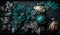 Generative AI, Close up of blooming flowerbeds of amazing teal flowers on dark moody floral textured background.