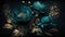 Generative AI, Close up of blooming flowerbeds of amazing teal flowers on dark moody floral textured background. Photorealistic