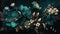Generative AI, Close up of blooming flowerbeds of amazing teal flowers on dark moody floral textured background. Photorealistic