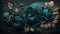 Generative AI, Close up of blooming flowerbeds of amazing teal flowers on dark moody floral textured background. Photorealistic