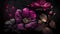 Generative AI, Close up of blooming flowerbeds of amazing viva magenta flowers on dark moody floral textured background.