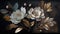 Generative AI, Close up of blooming flowerbeds of amazing white and golden flowers on dark moody floral textured background.