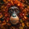 A generative AI collage style illustration of an orangutan\'s face surrounded by vivid orange leaves.