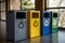 Generative AI. Color-Coded Recycling Bins for Waste Segregation in a Bright Indoor Setting