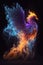Generative AI of a colorful Phoenix in fire on black background