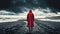 Generative AI conceptual illustraion of single person on moody beach in contrasting red coat to depict loneliness or depression or