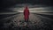 Generative AI conceptual illustraion of single person on moody beach in contrasting red coat to depict loneliness or depression or