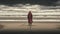 Generative AI conceptual illustraion of single person on moody beach in contrasting red coat to depict loneliness or depression or